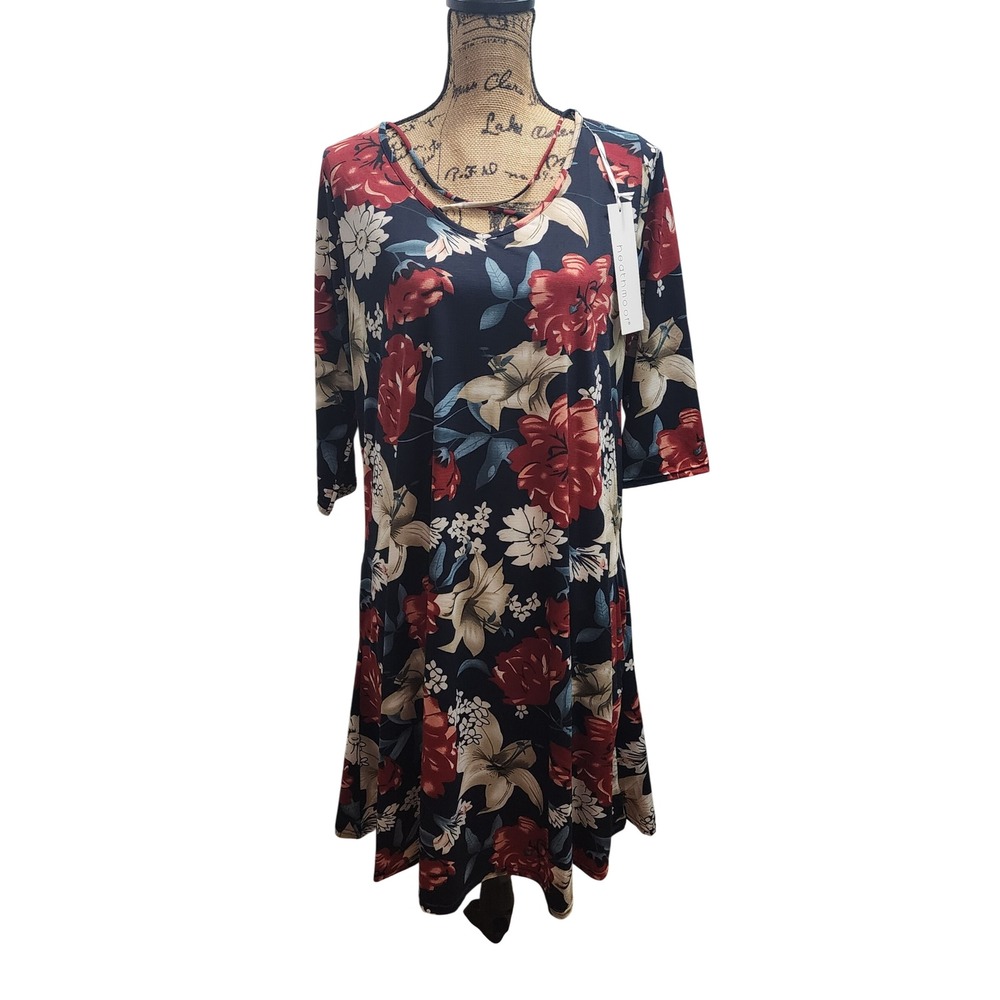 Heathmoor‎ Floral Print Midi Dress Womens Large Navy Red White Casual